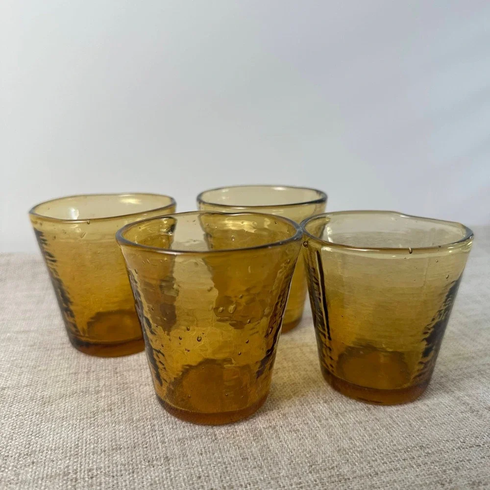 Hand Blown Amber Glass Petite Tumblers Set of 4 Pontil Bubble Art Glass Cups
